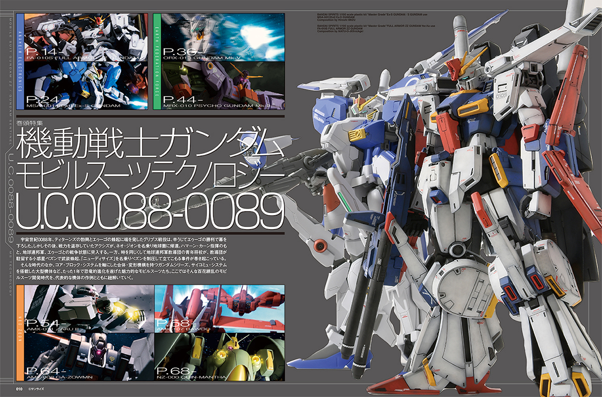 巻頭特集はモビルスーツの開発体系をガンプラ作例と詳細な解説で綴る