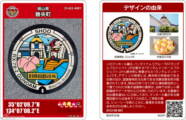 岡山県勝央町にてガンダムと旧勝田郡役所がデザインされた「マンホール
